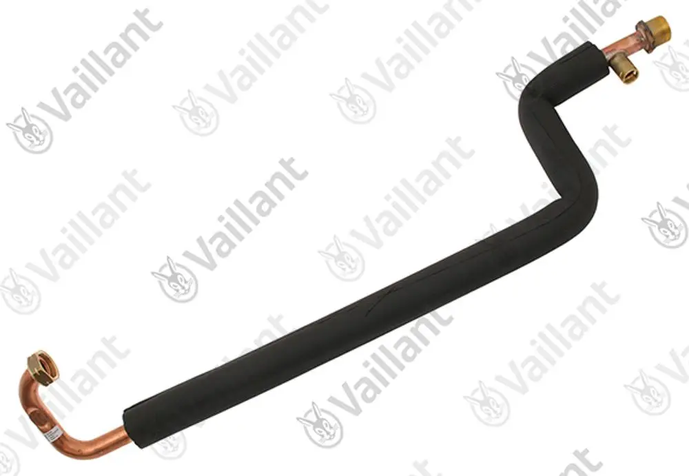 Kupferrohr von Vaillant mit schwarzer Isolierung, gebogen und mit zwei Anschlussenden, geeignet für Heizungsanlagen.